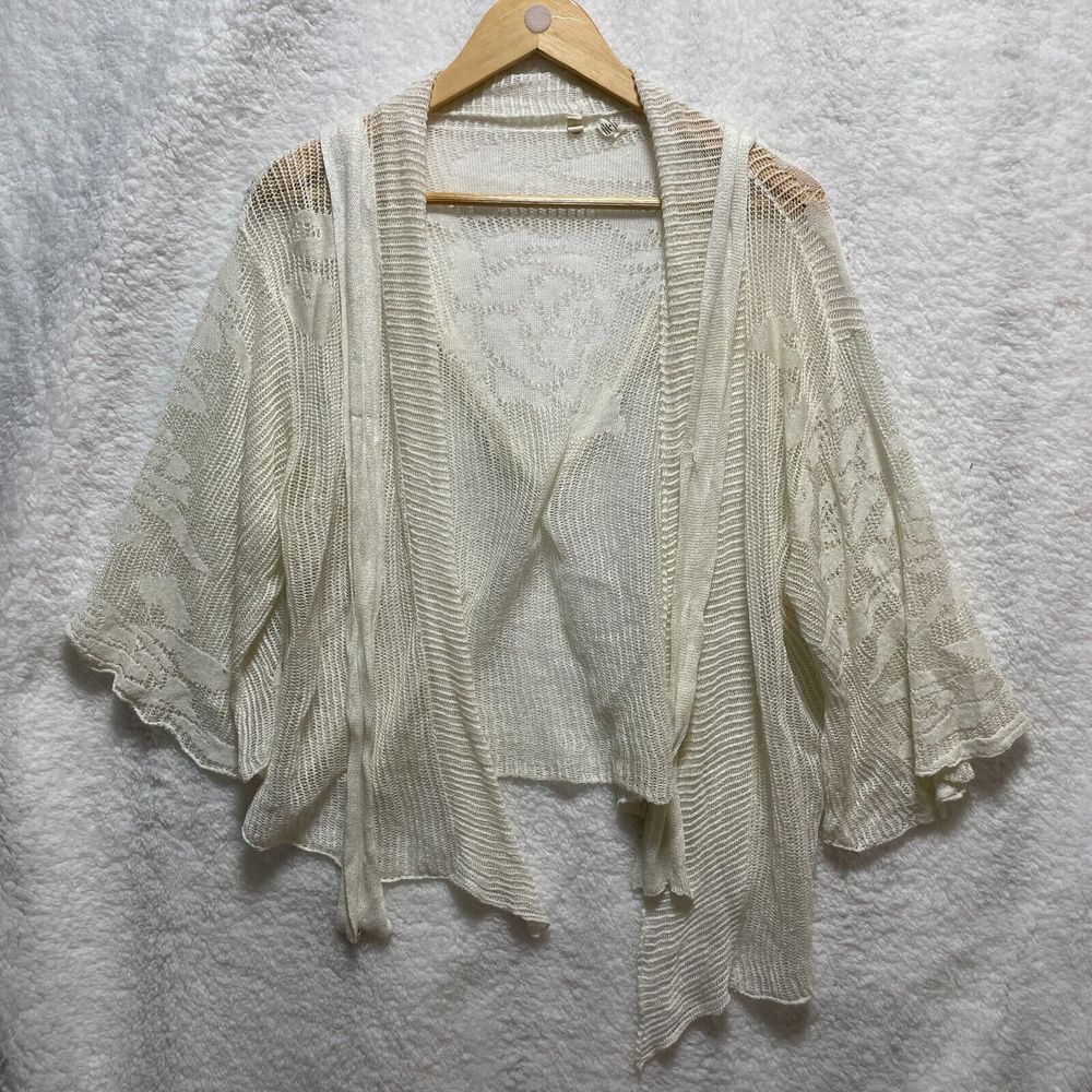 Moth‎ Anthropologie White Knit Cardigan Sweater Crochet Belted Linen M Boho - Picture 6 of 13